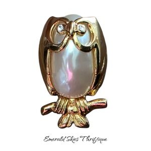 Vintage Marvella Gold Tone Pearl Jelly Belly and Rhinestone Owl Brooch free ship